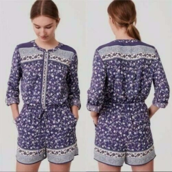 LOFT Pants - LOFT Border Blue Floral Printed Romper Small
